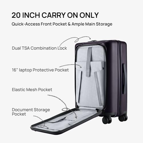 Image of NINETYGO Carry On Luggage 22x14x9 Airline Approved, 20 Inch Suitcase with Front Compartment, Lightweight PC Hard Shell, Cup Holder, Clamshell, TSA Lock, Spinner Wheels (Blackcurrant Oolong)