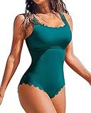 Charmo Womens Square Neck Scalloped One Piece Swimsuits Retro Ribbed Modest Bathing Suits Teal Green M