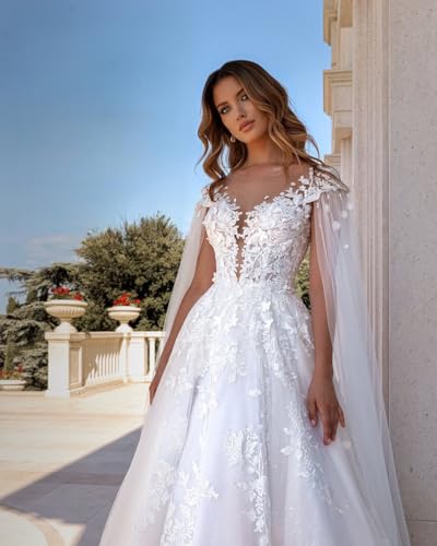 yinyyinhs Lace Appliques Wedding Dresses for Bride Long V Neck Tulle Chiffon A-Line Sleeveless Bridal Ball Gown for Women4