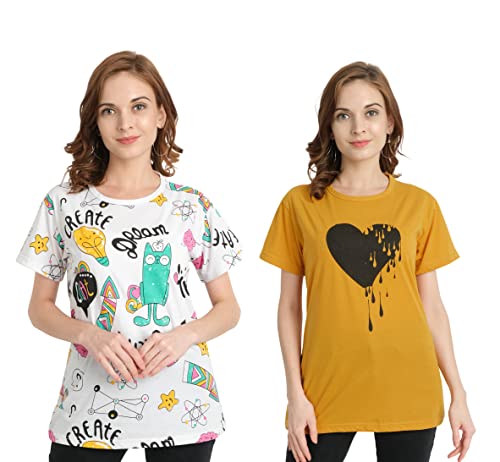 Image of Women's Cotton Round Neck T-Shirt, Printed Half Sleeve T-Shirt for Women (Pack of 2)