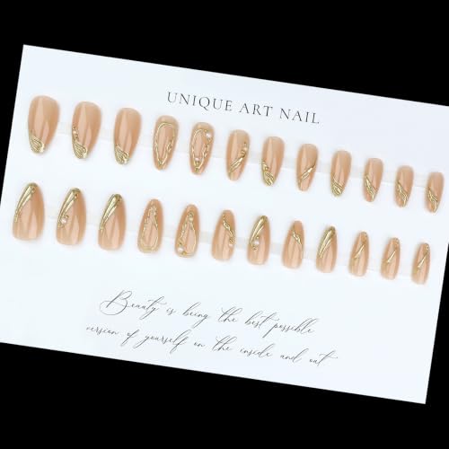 Image of Gold Press on Nails Almond Fake Nails 3D Golden Chrome Nails Press ons | Medium Fake Nails with Golden Line Design, Reusable Glossy Full Cover Stick on Nails for Women Manicure 24 Pcs
