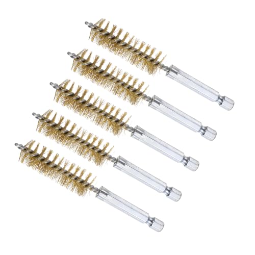 Image of Bore Brush, 15mm Dia 4 Inch Length, Brass Cleaning Wire Brushes with 1 /4 Inch Hex Shank - (Applications: for Power Drill, Die Grinder), 5-Pieces