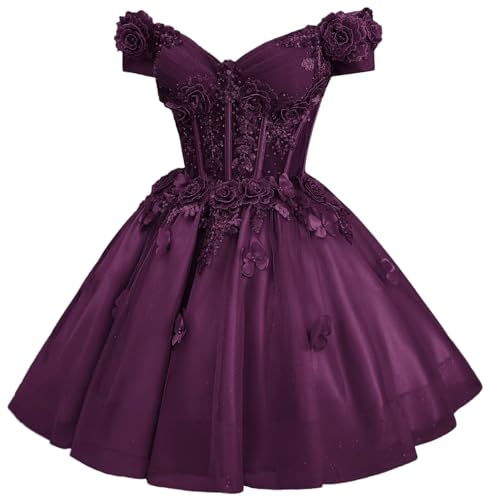 Image of Zhangyo Sparkly Tulle Homecoming Dresses for Teens Off Shoulder DAMA Dress | Sparkly Tulle Homecoming Dresses, for Teens, Off Shoulder DAMA Dresses for Quinceanera, 3D Butterfly Short Ball Gown