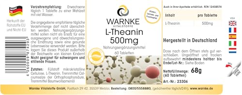 L-Theanin 500mg - 60 Tabletten - hochdosiert & vegan - Aminosäure | Warnke Vitalstoffe - Deutsche Apothekenqualität