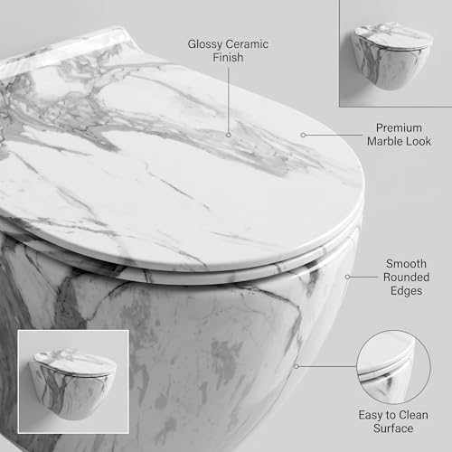 Image of InArt Rimless Ceramic Wall Hung Western Toilet for Bathroom | Wall Mount Commode /EWC /WC /European Water Closet with P-Trap Wall Outlet & Soft Close Seat Cover, White Marble Color