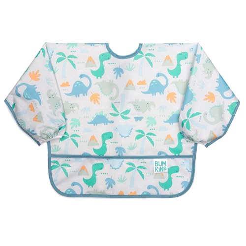 Image of Bumkins Sleeved Bib for Girl or Boy, Baby and Toddler for 6-24 Mos, Essential Must Have for Eating, Feeding, Baby Led Weaning Supplies, Long Sleeve Mess Saving Food Catcher, Fabric, Dinosaur Gray