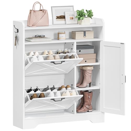 HOOBRO Zapatero de Entrada de Pie, Estantería para Zapatos Estrecha, 2 Compartimentos Abatibles y Estantes Abierto, Estantes Ajustable, con Ganchos, para Recibidor, Vestidor, Blanco EWT90SC01G1
