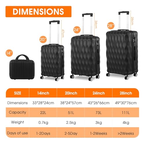 Luggage Sets 4 Piece Travel Suitcase Set with ABS Hard Shell Luggage, Secure TSA Lock with 360° Spinner Wheels, 14" 20" 24" 28" Case-Airline Approved (Black) - Image 3