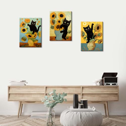 Piy Painting 3 Set Schwarze Katze Und Sonnenblume Leinwand Bilder Wohnzimmer Pflanzen Und Tiere Wandbilder Mit Rahmen Kunstdrucke Gemälde Wandkunst Leinwand Malerei Küche Schlafzimmer,30×40 cm