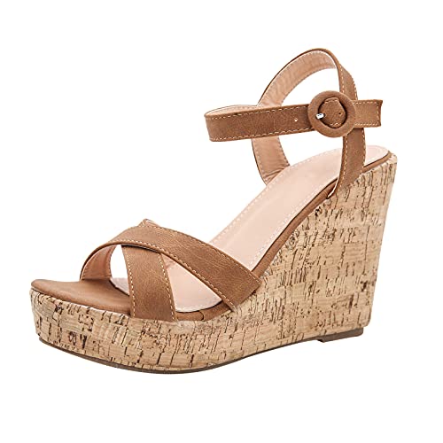 Fullwei Sandals for Women Wedge,Women S 2021 Platform & Wedge Sandals Espadrilles Ankle Strap Sandals for Women (Brown, 9)