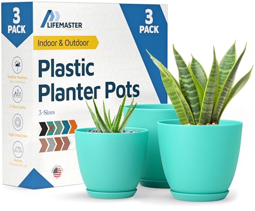 Aqua Plant Pots with Drainage Holes & Saucers 3 Pack, Indoor & Outdoor Stackable Space-Saving Planters for Houseplants & Flowers, (7", 6.7", and 6" Inches), Durable & Weatherproof Materials