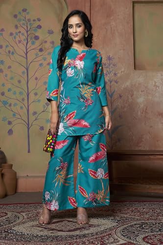 Image of DHRUVI TRENDZ Kurta Sets for Woman | Co ord Set for Women Stylish | Kurti Set for Woman | Short Kurti for Women | Kurtis | Ethnic Floral Straight Kurta Set's with Palazzo Pants