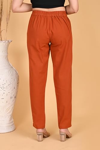 Image of Women's Solid Straight Fit 100% Cotton Trousers | High Waist, Side Pockets, Ankle Length Pants for Office, Casual