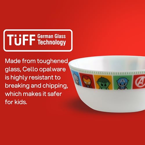 Image of CELLO Kidzbee Avengers Design Set of 7 Pieces Opalware Kids Dinner Set, White | Food Grade Toughened OpalGlass, Microwave & Dishwasher Safe, Bone Ash Free, Stackble Bowls Mug & Plates Kids Dinner Set