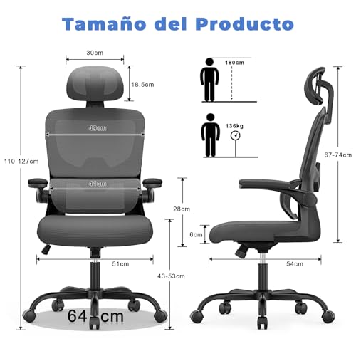 Miniatura 2 de Naspaluro Silla Oficina Ergonómica Con Soporte Lumbar, Silla De Escritorio De Respaldo Con Reposacabezas Y Altura Ajustables, Reposabrazos Abatible, Silla Ordenador Para Oficina En Casa, Gris Oscuro