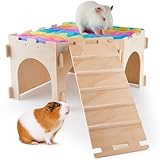 Bienbee Guinea Pig Hideout, Large Wodden Rabbit Hideout, Corner Guinea Pig House Guinea Loft, Small Animal Castle with Soft Mat and Stair for Chinchilla, Hamsters, Bunny, Hedgehog