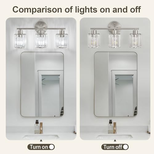 Image of Modern Brushed Nickel Crystal Bathroom Light Fixtures,3-Light