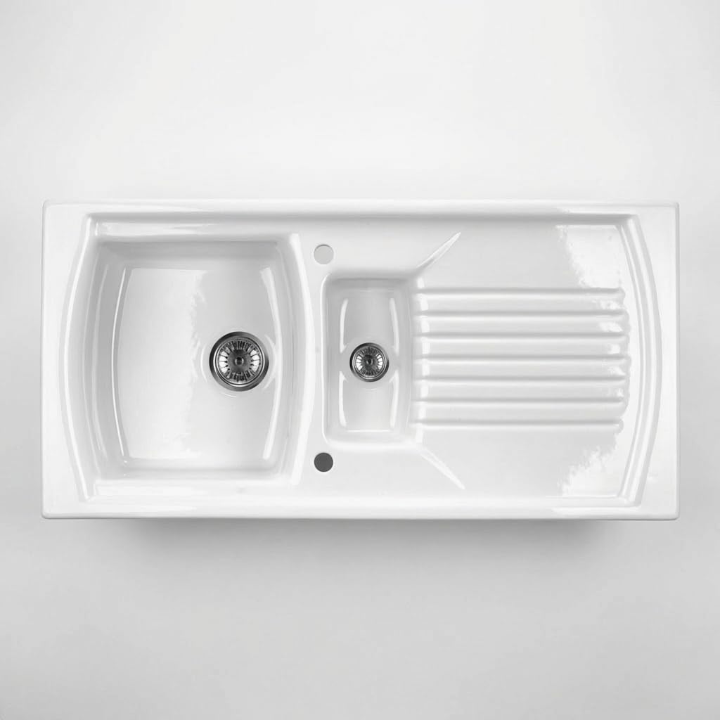 Libby - Fregadero de cocina empotrado de cerámica con 2 senos y escurridor, 100 x 50 cm, color blanco