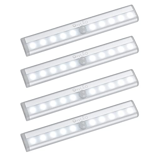 OxyLED 4-Pack Motion Sensor Lights – Battery-Powered Stick-On LED Strips for Wardrobes, Cabinets & Drawers 6000K White, Auto On/Off, Magnetic Mount Ideal for Kitchen, Stairs, Vanity