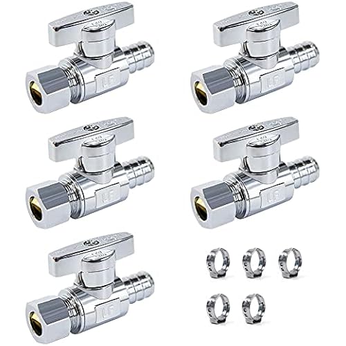 Vintex 1/2 Inch PEX x 3/8 Inch OD Compression PEX Straight Valve 5 Pack, Quarter Turn Water Shut Off Valve, Solid Brass, CVPC