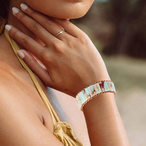 Image of Plumiss Women Boho Handmade Natural Stone Crystal Leather Bead Wrap Bracelets Collection