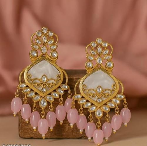 Image of Traditional 20K Gold Plated Kundan Chandbali Earrings with Black Beads and Faux Pearls for Women - Ethnic Wedding & Partyy Wear Statement Jewelry