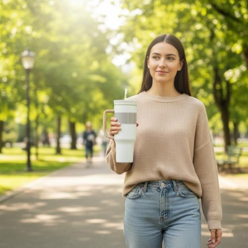 Image of HomeCloud 1200ml Insulated Coffee Tumbler with Lid - Double Wall Travel Mug for Hot & Cold Drinks, Leak-Proof, Durable, Portable, Stylish Stainless Steel Design (White with Brown Handle)
