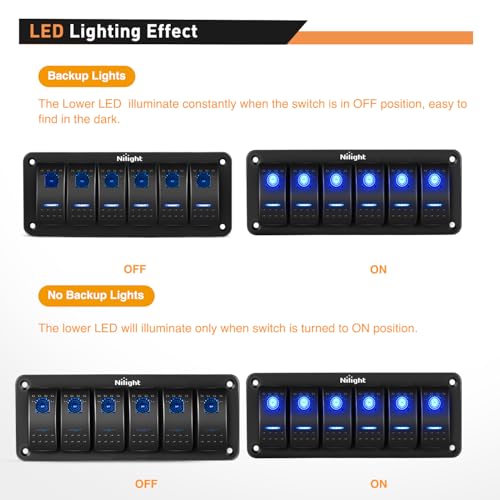 Image of Nilight-90111F 6 Gang Aluminum Rocker Switch Panel Toggle Dash 5 Pin ON /Off Pre-Wired Rocker Switch Blue Backlit Switch for Automotive Car Marine Boat RV,2 Years Warranty