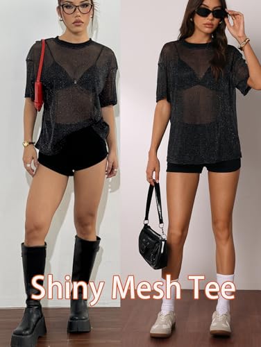 OYOANGLE Women's Sparkle Glitter Sheer See Through Top Short Sleeve Loose Casual Shiny Tshirt Mesh Shirt Blouse3