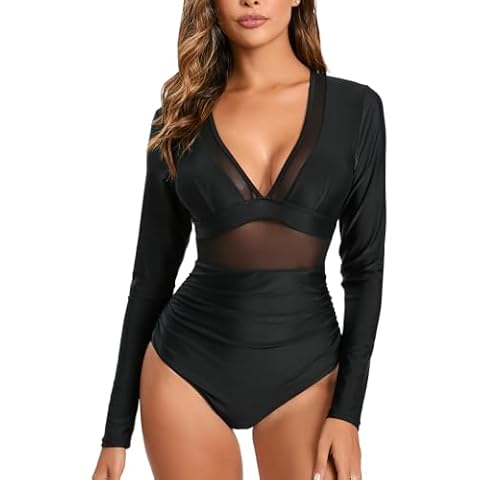 NESY Women's Long Sleeve Rash Guard Swimsuits One Piece Bathing Suit UV Protection Surfing Suit Zipper Printed Swimwear Cover