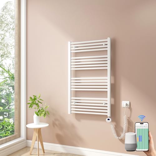 Heilmetz Smart WiFi Badheizkörper Elektrisch 100x60cm Elektrischer Handtuchtrockner mit Thermostat und Timer-Funktion Gerade Handtuchheizkörper Weiß 500W