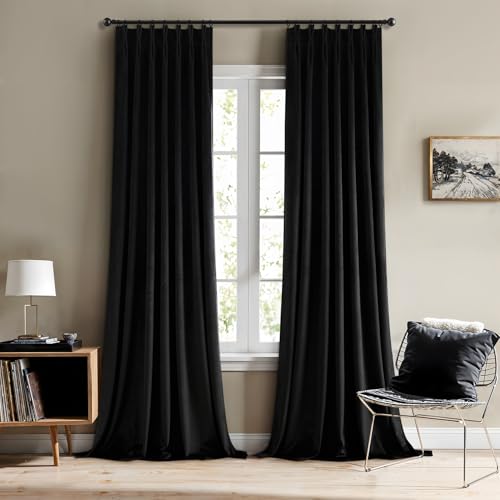 Image of MIULEE Pinch Pleated Black Velvet Blackout Curtains 102 inches Long, Thermal Insulated Pinch Pleat Drapes with Hooks, Luxury Halloween Window Panels for Bedroom Living Room, 2 Panels