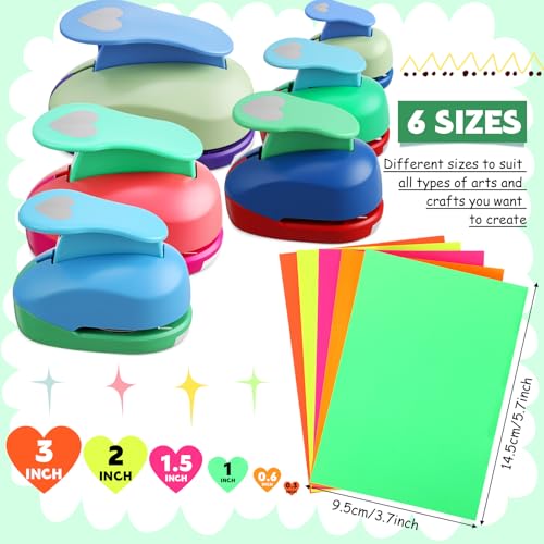 Image of CHENGU 6 Pcs Heart Punch Set 3in /2in /1.5in /1in /0.6in /0.3in Scrapbook Hole Punchers Crafting with 10 Sticker Paper Heart Cutter Scrapbook for Office Supplies DIY Albums Photos(Multicolor)