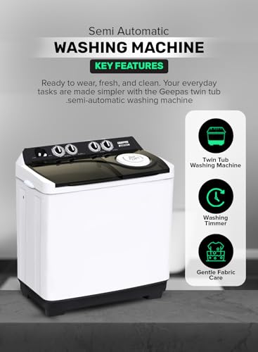 Geepas Twin Tub Semi-Automatic Washing Machine, 15 Litre Capacity, White"Min 1 year manufacturer warranty"