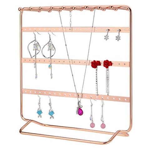 LEORISO Jewelry Stand, 4-Tier Metal Earrings Organizer, Beautiful Rose Gold Necklaces Holder & Bracelets Display, Jewelry Organizer Cover