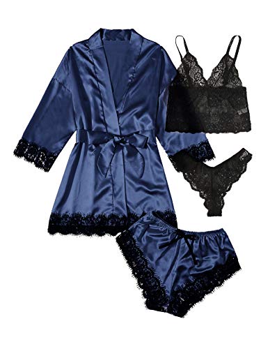 SOLY HUX Women's Sleepwear 4pcs Floral Lace Trim Satin Cami Pajama Set with Robe Pure Navy XL