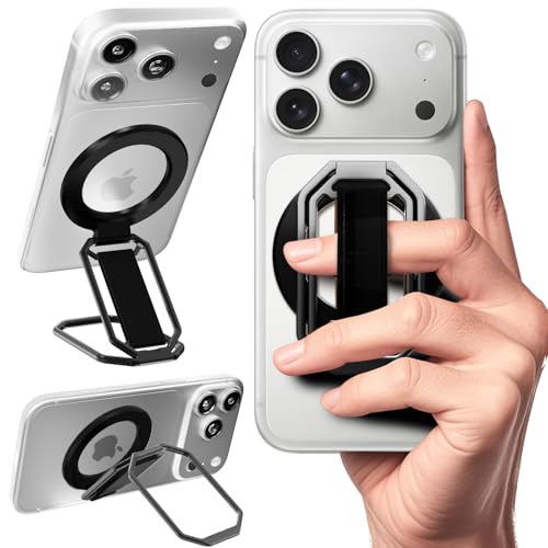 Image of Multi-Functional Magnetic Phone Grip Kickstand for MagSafe, Phone Holder for Hand, Foldable Ring Stand with Finger Loop Strap for Bedtime Scrolling & On-the-Go, Wireless Charging Compatible, Black