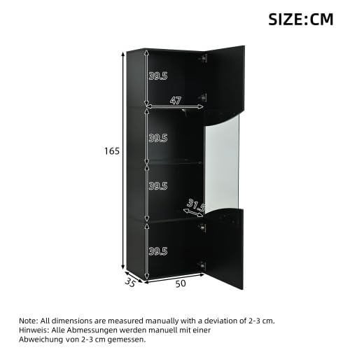 Merax Vitrina de 35 x 50 x 165 cm, vitrina de cristal brillante con control de aplicación LED, armario de vitrina con puerta de cristal y 4 estantes, vitrina de pie, armario multifunción, color negro