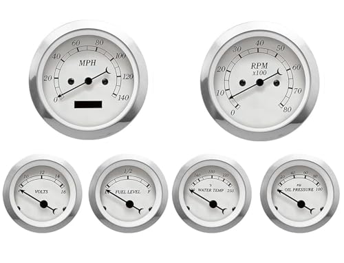 Image of Classic Electrical 6 Gauge Set White Dial Black Needle | With ECU Based, 85mm, 3-3 /8 inch, 52mm, 2-1 /16 inch, Speedometer Digital Odometer, Light Bulb Illumination, Car, Automobile