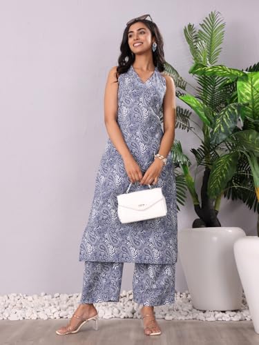 Image of Varanga Women Printed Straight Kurta Set with Trouser & Dupatta | Pure Cotton Fabric | Halter Neck | Sleeveless | Casual Wear