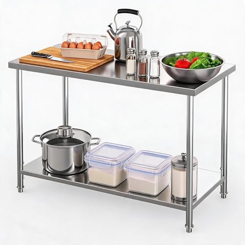 Image of Garvee Stainless Steel Table, 48 inch x 24 inch NSF 2 Tier Prep Table with Adjustable Foot & Under Shelf, Heavy Duty Commercial Worktable for Restaurant, Home, Kitchen, Indoor, Outdoor