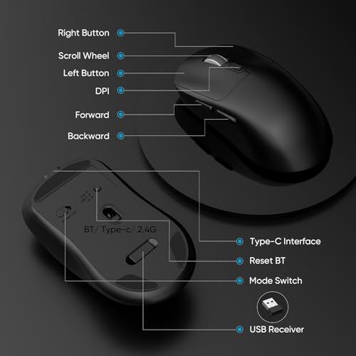 Image of MELOGAGA Wireless Gaming Mouse, 3-Mode Bluetooth /2.4G /USB-C, 8 DPI -Black | 800-6400 DPI, 1000hz Polling, Ultra-Light 71g Design with 120-Hour Rechargeable Battery for PC, Mac, PS5 & Tablets