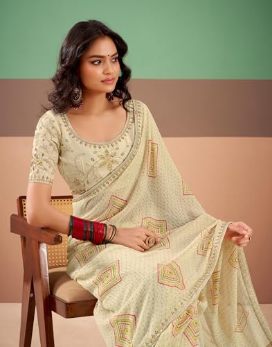 Image of SIRIL Women's Georgette Bandhani Printed, Embroidery Lace Saree With Unstitched Blouse Piece
