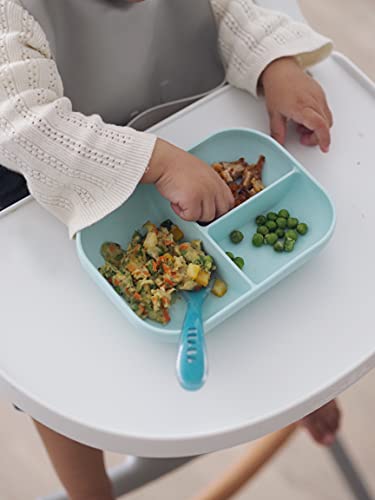 Miniatura 4 de BÉABA Set Comida, Plato Compartimentado de Silicona con Ventosa + Cuchara de Silicona, Adhiere a la mesa/bandeja de la trona, Compatible con el microondas, Azul