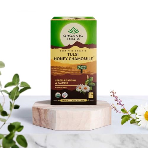 Image of A TATA Product - Organic India Tulsi Honey Chamomile Infusion - 25 Tea Bags, Certified Organic, Stress Relief, Calming, Promotes Sleep, Caffeine-Free (Pack of 3)