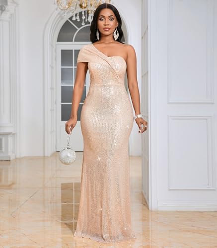 Image of Cololura Women Sexy Sequin One Shoulder Mermaid Formal Party Cocktail Gowns Bodycon Evening Maxi Dress
