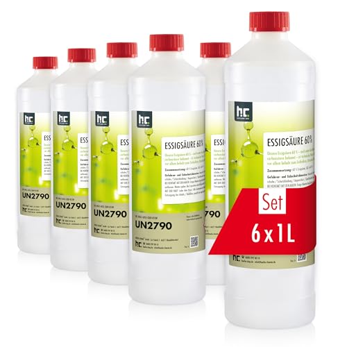 Höfer Chemie Acide Acétique 60% 6 x 1 L - Nettoyant Détartrant Puissant pour Ménage et Industrie, Fabrication Allemande de Qualité Supérieure, Biodégradable et...