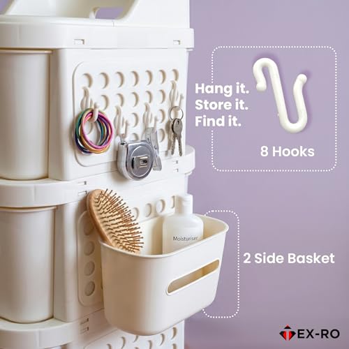 Image of TEX-RO 4 Layer Plastic Drawer Cabinet with Wheels & Side Hooks | Stackable Storage Trolley Organiser for Kitchen, Bedroom, Bathroom | Multipurpose Drawers Organisers Rack with Basket - Ivory