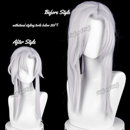 Image of Half and Half Long Silver White Anime Vam-pire Ponytail Wig with Side Part Bangs for Ferid Cospaly Light Gray White Male Wigs for Men Women Halloween Party