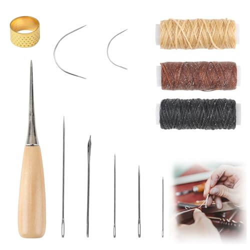 Kit de Couture en Cuir Premium - Lot de 12 Aiguilles, Fil Ciré, Dé à Coudre et Alène - Réparation Facile de Cuir, Toile, Tapis et Plus - Outil Polyvalent...